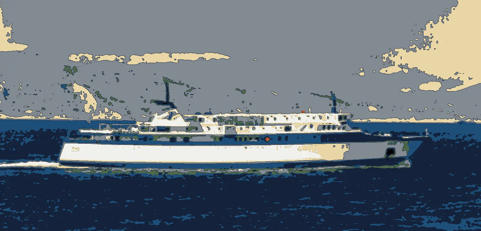 Illustration after a photo: the ferry Ionis under way