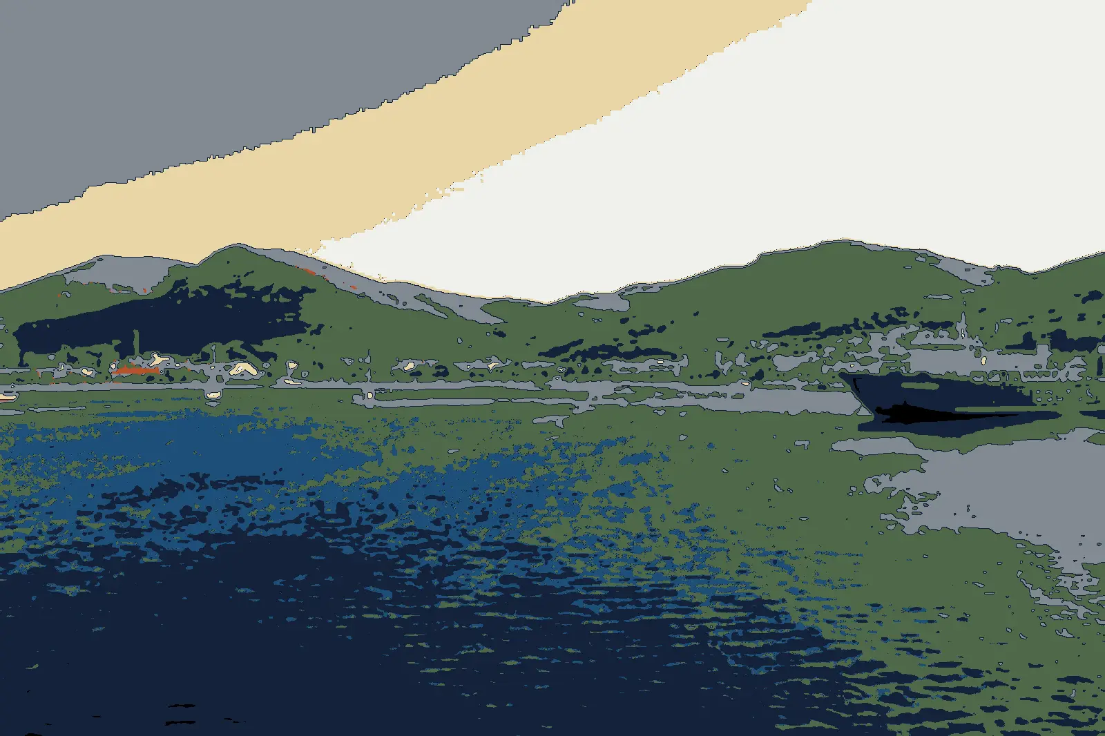 Illustration after a photo: a ferry at the quay in Korissia bay, Kea