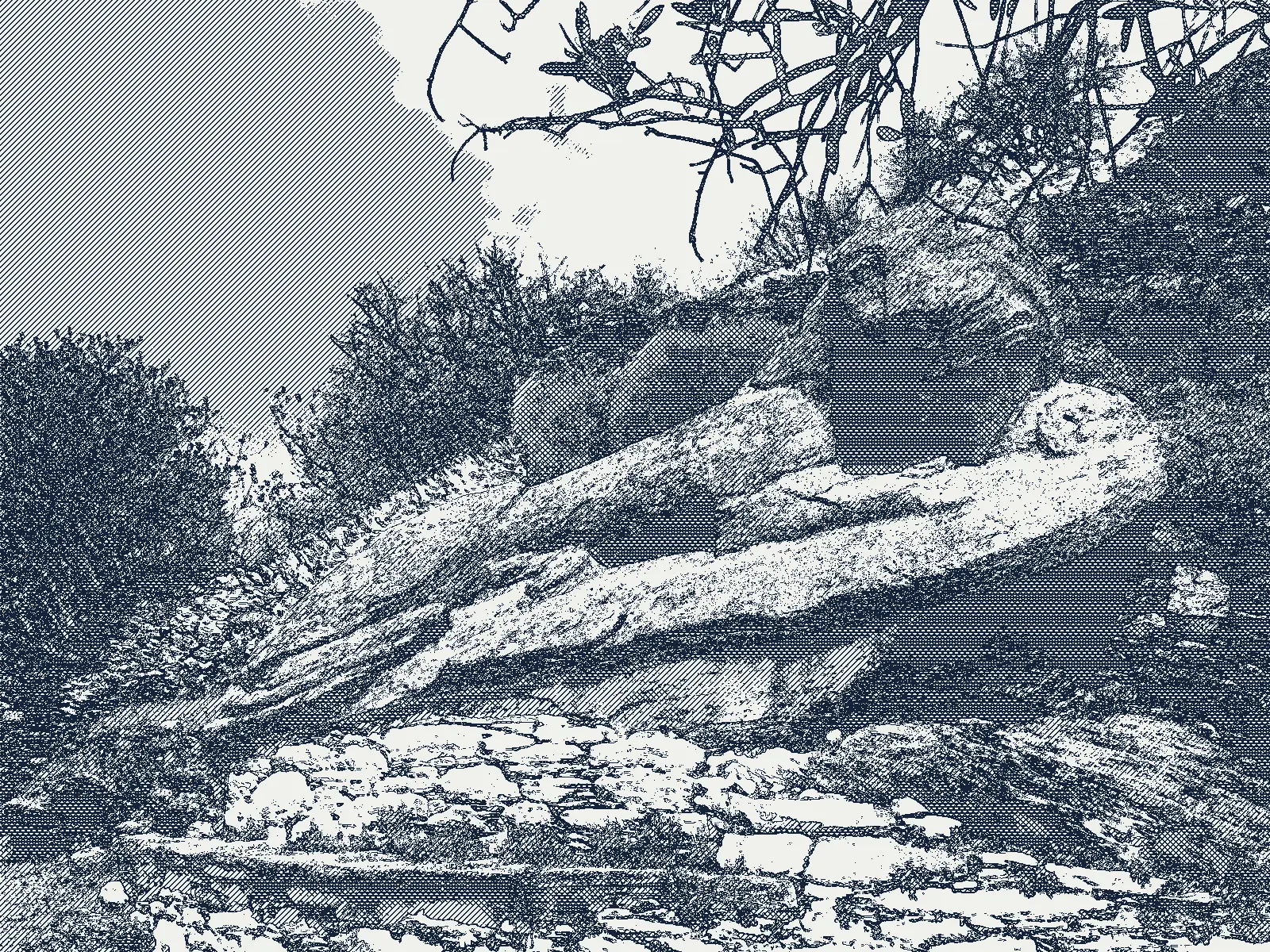 Engraving-style illustration: the Lion of Kea carved in the rock near Ioulida